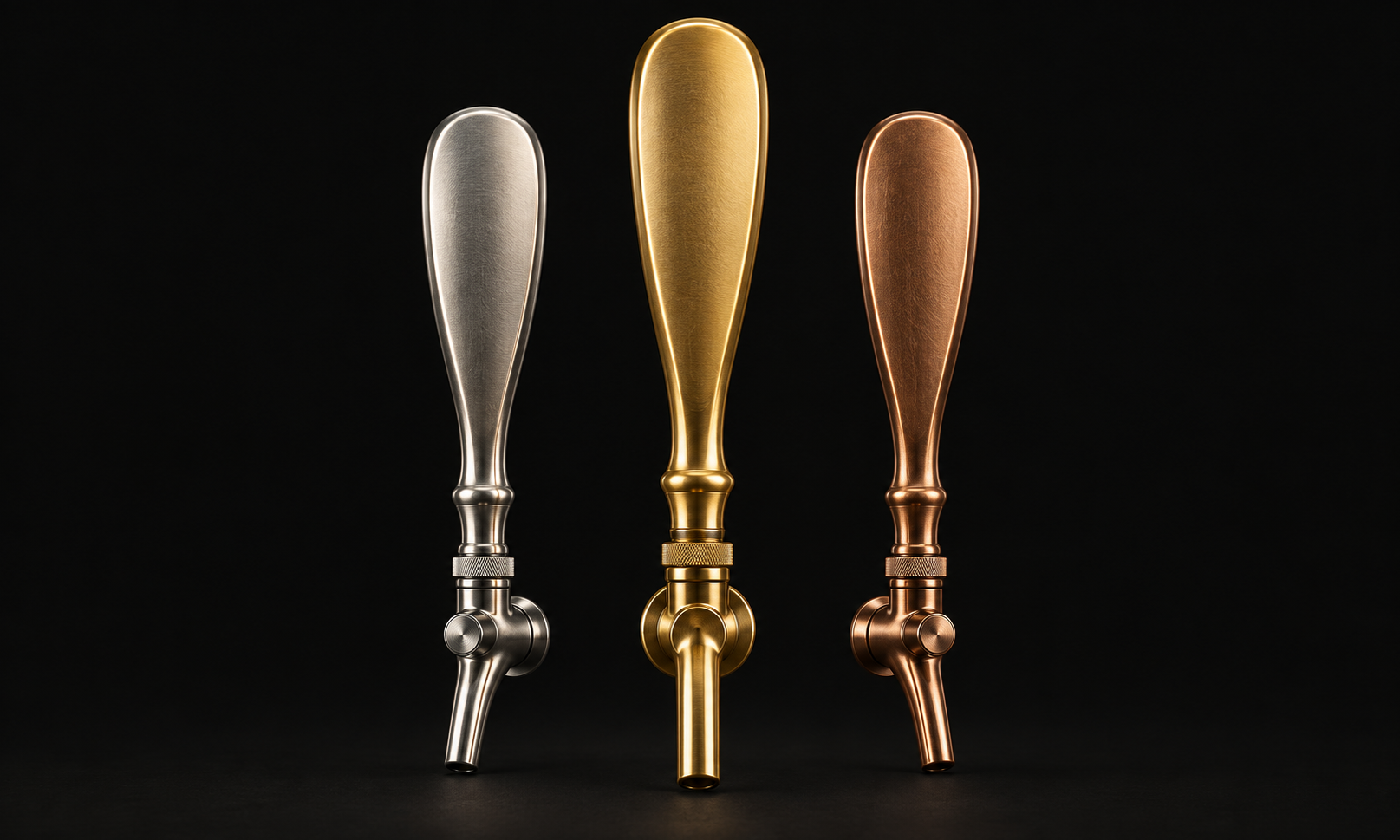Gold, silver, and bronze beer tap handles